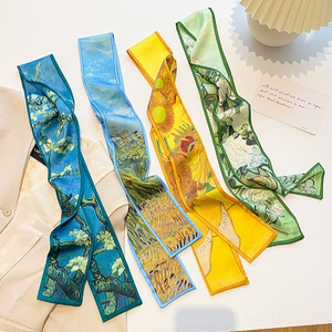 Pañuelo largo <span class=keywords><strong>de</strong></span> satén con estampado <span class=keywords><strong>de</strong></span> rosas y girasoles estilo pintura al óleo, 90 cm, para mujer, cinta decorativa artística para el cabello y la cintura del cuello - Product Image 4