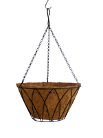 Panier suspendu en fil métallique noir à motif diamanté en ciment avec doublure en fibre de coco, jardinière suspendue pour véranda, patio, jardin
