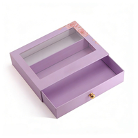 Boîte à tiroir rigide de luxe violette à motif floral avec fenêtre transparente et bouton doré pour bijoux et roses éternelles