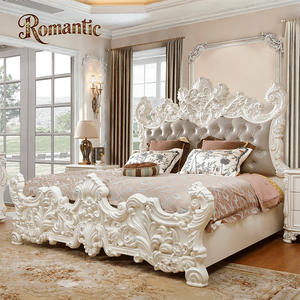 Высококачественная европейская королевская классическая роскошная мебель для спальни из массива дерева с кожаной обивкой в антикварном французском стиле, размер King Size - Product Image 1