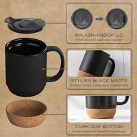 Tasses en céramique réutilisables écologiques personnalisées en gros, noires et blanches, avec fond en liège et couvercle coulissant, compatibles micro-ondes, design minimaliste