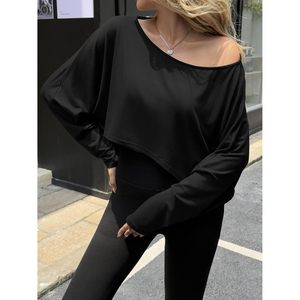 Custom <b>Womens</b> Off Shoulder <b>Cropped</b> <b>Top</b> Batwing Long Sleeve Loose Fit Yoga <b>Top</b> <b>Black</b> - Product Image 2
