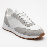 Chaussures de randonnée décontractées pour hommes, style rétro, en PU et daim synthétique, avec embout renforcé, double bande latérale blanche, à lacets, semelle extérieure en TPR couleur caramel, OEM ODM