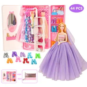 Grosir barbie lemari pakaian set-Fashion Rumah Boneka Mebel 44 Item = 1 Lemari + 11 Pakaian + 10 Sepatu + 22 Aksesoris Boneka untuk 11.5 Inci Boneka Perempuan Hadiah Mainan DIY