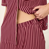 Ensemble pyjama rayé pour femme, deux pièces, chemise boutonnée, manches courtes, pantalon large, tenue de détente respirante et douce