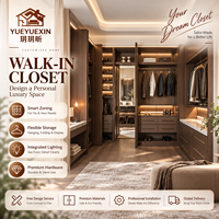 Dressing sur mesure en bois de noyer foncé avec miroir central et étagères éclairées par LED pour vestiaires de villas de luxe