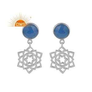 Blue Chalcedony Gemstone Earrings Indian Style Sacral Chakra 925 Silver Bezel Set Drop Earrings Supplier Jewelry