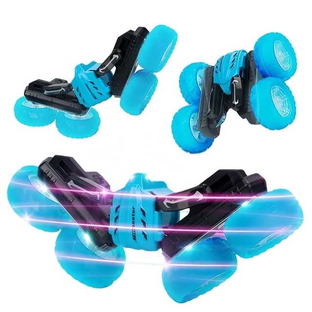 LED Stunt RC Car Double Sided Roll and Flip Remote Control Toy with Transparent Tires 2.4GHz Rechargeable Battery High Speed