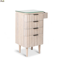Meuble de salon nordique en bois cannelé à 4 tiroirs, station de rangement pour salon de coiffure avec plateau en verre, support pour sèche-cheveux, chariot à outils pour salon de beauté