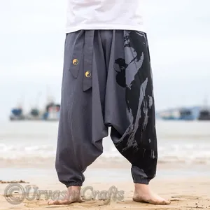 Vintage Japanese Style Loose Men Harem Pants Drop Crotch Hip Hop Pants Print Pencil Sweatpants Casual Retro Wide Leg Trousers