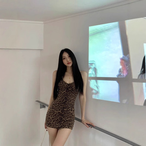 Leopard Print Halter Neck Bodycon Dress For Women Spring Autumn Sheath Silhouette Natural Waistline Spaghetti Strap - Product Image 4
