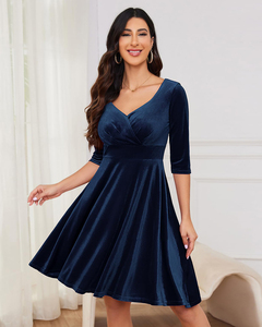 Elegante A-Line Midi Vestidos V-Neck Cotovelo Mangas Etiqueta Personalizada Doce Estilo Veludo Túnica para <span class=keywords><strong>Formal</strong></span> Cocktail Prom <span class=keywords><strong>Outfits</strong></span> - Product Image 4