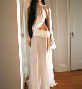 Viviblook Z0114ST01 New <b>Women</b> <b>Outfit</b> <b>Sexy</b> See Through High Neck Flared Sleeve Top Split Maxi Skirt Two Piece Set - Product Image 1