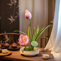 Tanpa Perawatan, Tahan Luntur, Bonsai Teratai Buatan Gaya Zen dengan Pot Keramik untuk Dekorasi Meja Ruang Teh Dalam Ruangan.