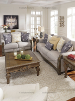 Style américain en bois massif sculpté cadre coton lin tissu canapé salon canapé ensemble gris en bois massif tissu canapé