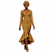 Robe sirène en coton imprimé wax africain de haute qualité avec foulard, robes ethniques à manches longues et col en V pour femmes