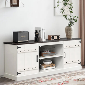 Moderne Boerderij Stevig Ontworpen Houten Witte Media Console Tv-Standaard Met <span class=keywords><strong>2</strong></span> Verborgen Kasten Schuurdeuren Kabelbeheer - Product Image 2