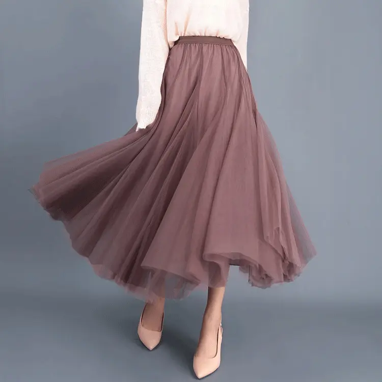 महिलाओं के मिडी Tulle स्कर्ट लोचदार कमर 3 स्तरित जाल औपचारिक प्रोम पार्टी टूटू स्कर्ट एक लाइन उच्च कमर लंबी जाल स्कर्ट