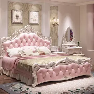 Grosir tempat tidur anak perempuan biru-Furnitur Kamar Tidur Gaya Perancis, Tempat Tidur Putri Kulit Merah Muda Mewah Ratu