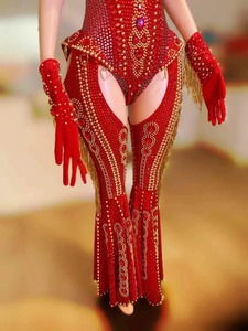 Women Sexy <strong>Sparkly</strong> Rhinestone Red <strong>Bodysuit</strong> 4-Piece Set Dress Dance Costume Spandex/Polyester Nightclub Party Stage Show - Product Image 5
