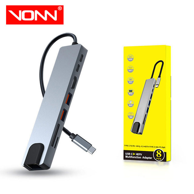 8 in 1 USB Type-c Aluminum Support TF/PD RJ45 USB-C PD OEM Adapter USB3.0 Docking Station Hub for PC Computer Laptop