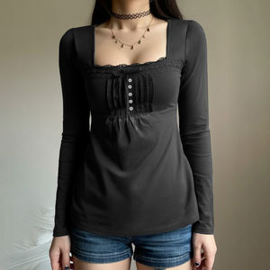 Dark Gothic Black Square Neck Lace Patchwork Ruched Long Sleeve <b>Top</b> <b>Women</b> Slim Fit High Waist <b>Sexy</b> T Shirt - Product Image 6