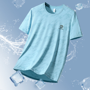 Nueva camiseta informal de verano de seda helada para hombre, Media manga fresca de secado rápido, suelta, elástica, color sólido, diseño de camuflaje, tipo de tela de terciopelo - Product Image 2