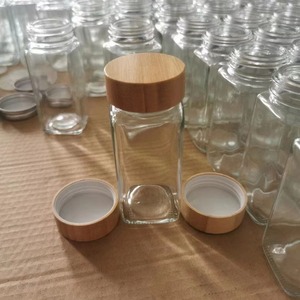 4 oz đen nắp nhôm nhựa thủy tinh vuông gia vị <span class=keywords><strong>Jar</strong></span> với nắp gỗ tre 120ml cấp thực phẩm dán nhãn Bề mặt gia vị lọ thủy tinh - Product Image 5