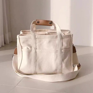 <b>White</b> canvas and leather patchwork tote <b>bag</b>, minimalist style, multi-compartment design, women's <b>shoulder</b>/handbag. - Product Image 2