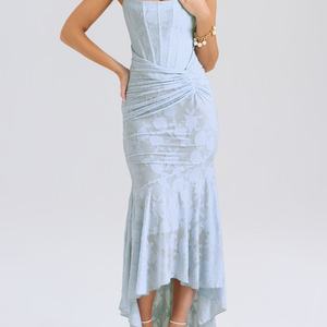 Haute qualité nouveau Vintage Jacquard Wrap dos élastique fermeture éclair ourlet irrégulier plissé décontracté femmes longues robes - Product Image 5