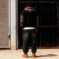 TKAN341 Sweats à capuche personnalisés en patchwork à carreaux pour hommes, en flanelle délavée, noir, coupe ample, lourd, vintage, veste à capuche