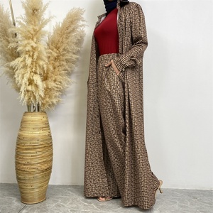 6674# Summer Fast Fashion 2 Piece <b>Set</b> Satin Printed Pant <b>Sets</b> With Buttons Long Cardigan Loose Women Pants for Muslim Women - Product Image 3