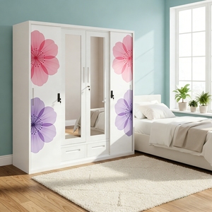 Armoire robuste et durable en acier moderne à 4 portes, imprimée, verrouillable, avec 2 miroirs, 2 tiroirs et tringle de suspension pour l'organisation de la chambre - Product Image 2