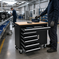 Armoire à outils roulante robuste avec dessus en bois, tiroirs multiples, coffre de rangement à serrure à clé, vente en gros, fabricant OEM pour garage