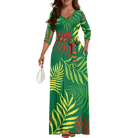 Robe longue décontractée de plage pour femme, imprimé tribal polynésien hawaïen, col en V, manches 3/4, ceinture, poches, grande taille