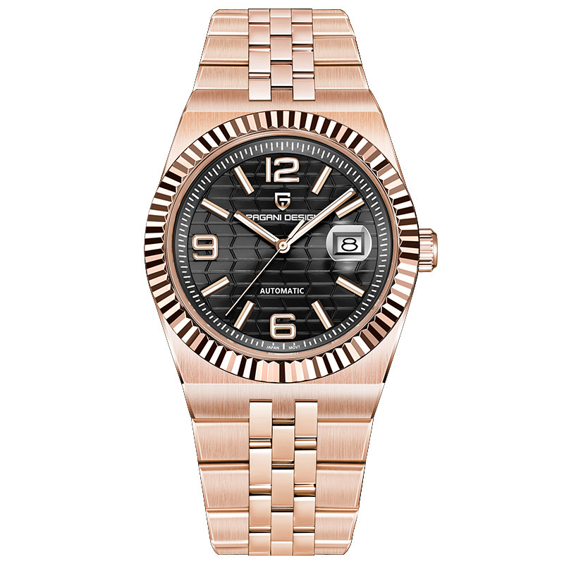 Rose gold case with black dial