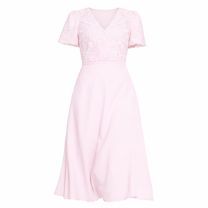 Robe midi personnalisée pour <span class=keywords><strong>femme</strong></span> en mélange lin-coton rose, col en V, manches courtes bouffantes, dentelle 3D, robe de invitée de <span class=keywords><strong>mariage</strong></span>, vêtements pour <span class=keywords><strong>femme</strong></span> - Product Image 3