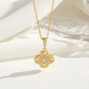 Non tarnish water proof jewelry 18k Gold Plated Stainless steel lucky Zircon Bling 4 Four leaf Clover Necklace For Women
