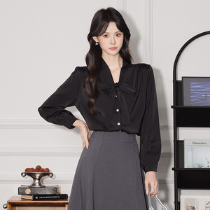 Women's <b>White</b> V-Neck Long Sleeve Shirt With Ribbon <b>Wrap</b> And Tie Design For Commuting - Product Image 4