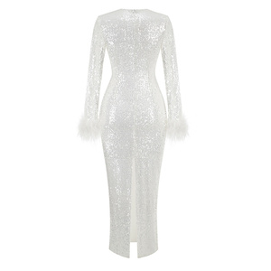 A8496 abito da donna <span class=keywords><strong>bianco</strong></span> stile europeo abito Midi <span class=keywords><strong>con</strong></span> paillettes a maniche lunghe da sera da donna - Product Image 2