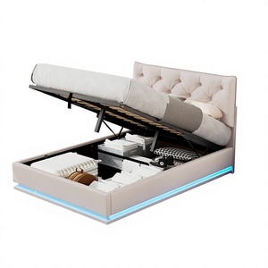 <span class=keywords><strong>Lit</strong></span> plateforme moderne en <span class=keywords><strong>velours</strong></span> <span class=keywords><strong>beige</strong></span> capitonné avec rangement hydraulique et éclairage LED, taille double, pour chambre à coucher - Product Image 4
