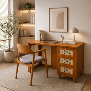 Bureau d'ordinateur en bois avec panneaux de tiroirs en rotin et chaise rembourrée, ensemble de mobilier de bureau en provenance d'Indonésie - Product Image 1