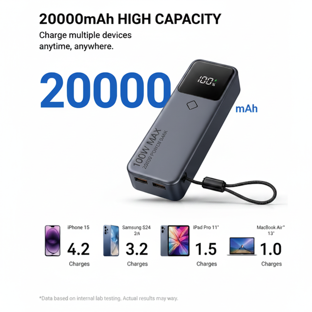 High Quality Lithium 20000mAh Power Bank with Dual Interfaces (Type-C & USB-A) for Indoor/Outdoor Use