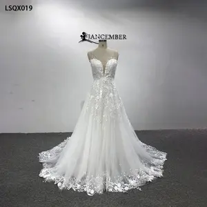Jancember LSQX019 Hot Sell Vintage Ivory Colour Floor Lentgh Lace Wedding Dress With Appliques