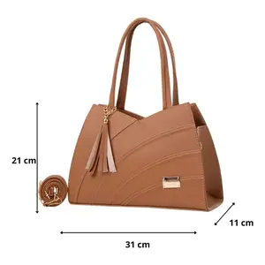 Sac à main pour femme Fana Kanya en cuir PU camel imperméable, sac de plage à fermeture ouverte, décoration à pompon, style luxueux - Product Image 4