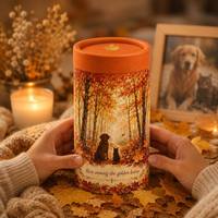 Urne funéraire pour animaux de compagnie en gros, Tube de dispersion biodégradable en papier kraft Feuilles d'automne, 3 tailles, Feuilles dorées, Impression personnalisée, Souvenir