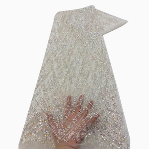 Ni. Ai sang trọng màu đỏ đính cườm ren lưới hoa cô dâu lưới thêu Sequins ren vải với ngọc trai cho vật liệu váy cưới - Product Image 3