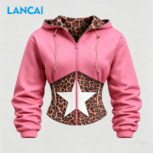 2026 Autumn/Winter Leopard Print Patchwork Terry Hoodie Embroidered Custom <b>Sequined</b> Front and Back Logo Breathable Sweatershirt - Product Image 1