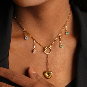 Fashion <b>Necklaces</b> Stainless Steel 18k Gold Plated Heart Pendant Colorful Gemstone <b>Toggle</b> Clasp Dainty Everyday Jewelry for Women - Product Image 2