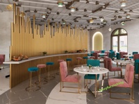Concept d'aménagement de mobilier pour restaurant : Chaise de salle à manger moderne en velours et table ronde, ensemble de meubles personnalisé pour café et salon